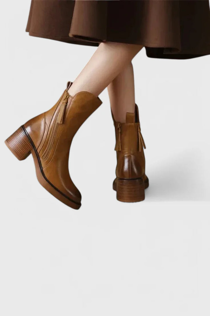 Women's Leather Ankle Boots – Functional Side Zipper And Block Heel