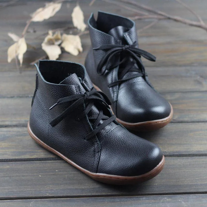 Women's Leather Casual Ankle Boots – Lace-Up Closure And Round Toe