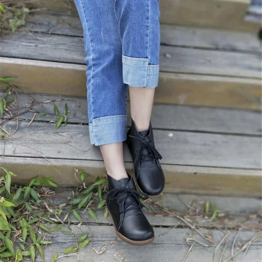 Women's Leather Casual Ankle Boots – Lace-Up Closure And Round Toe