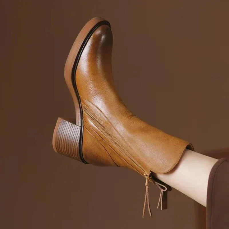 Women's Leather Chunky-Heel Ankle Boots – Side Zipper Closure