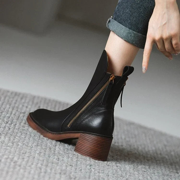 Women's Leather Chunky-Heel Ankle Boots – Side Zipper Closure