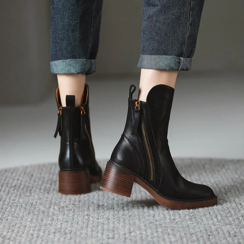 Women's Leather Chunky-Heel Ankle Boots – Side Zipper Closure