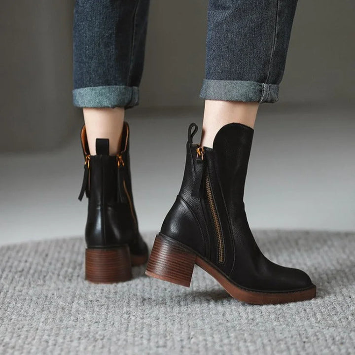 Women's Leather Chunky-Heel Ankle Boots – Side Zipper Closure