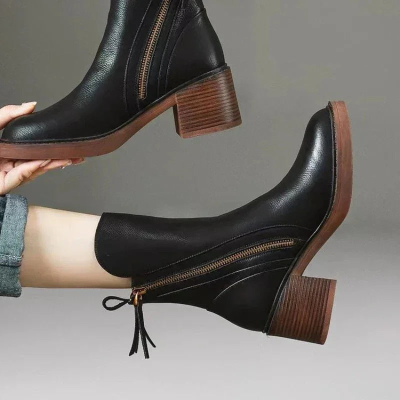 Women's Leather Chunky-Heel Ankle Boots – Side Zipper Closure