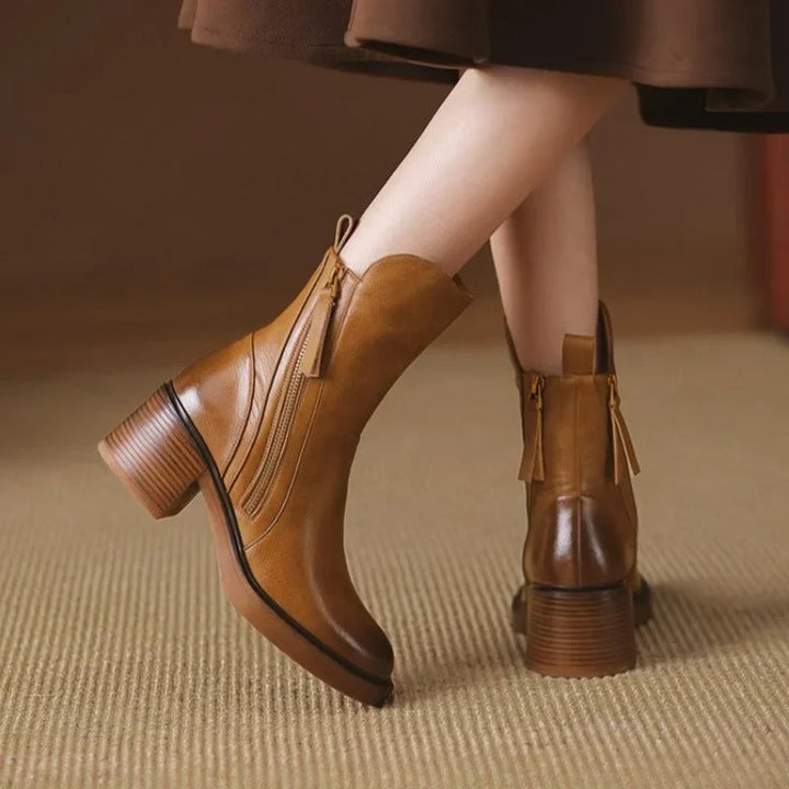 Women's Leather Chunky-Heel Ankle Boots – Side Zipper Closure