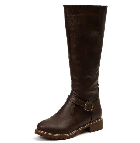 Women's Leather Knee-High Boots – Buckle Strap And Side Zipper