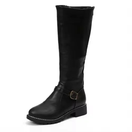 Women's Leather Knee-High Boots – Buckle Strap And Side Zipper