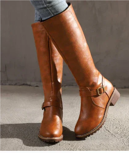 Women's Leather Knee-High Boots – Buckle Strap And Side Zipper