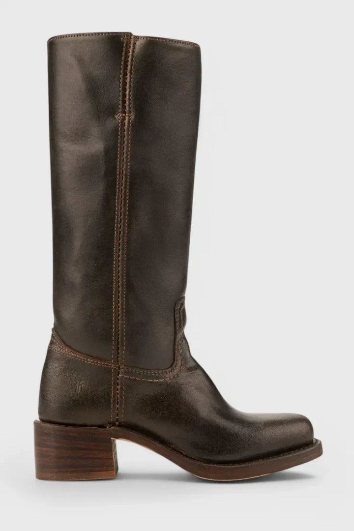 Women's Leather Mid-Calf Western-Style Boots – Stacked-Block Heel