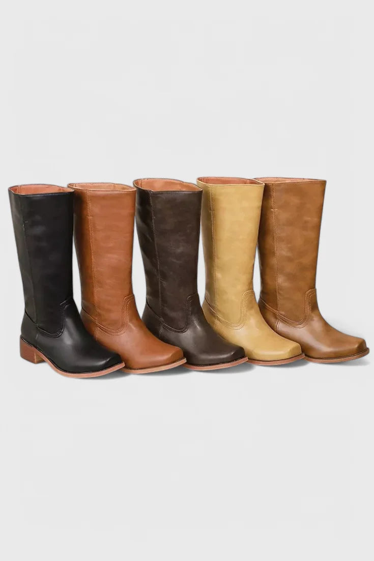 Women's Leather Mid-Calf Western-Style Boots – Stacked-Block Heel