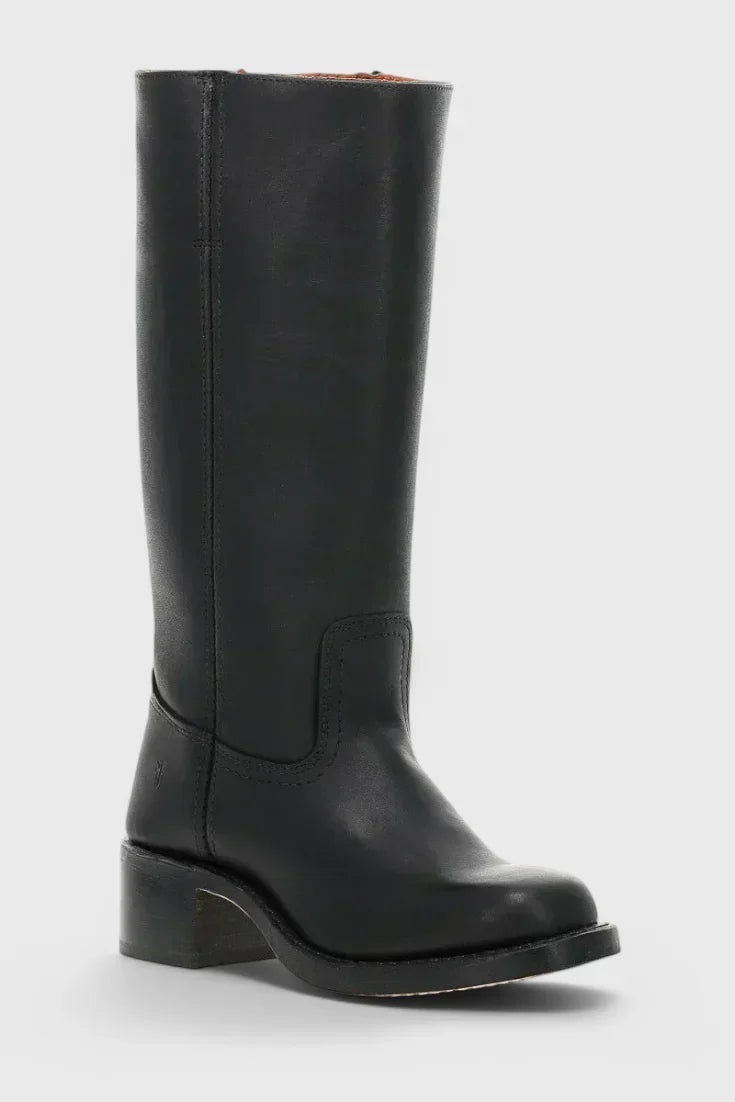 Women's Leather Mid-Calf Western-Style Boots – Stacked-Block Heel