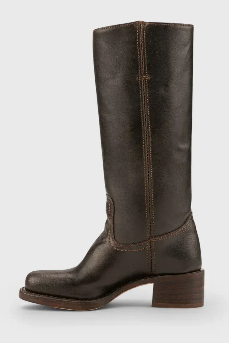 Women's Leather Mid-Calf Western-Style Boots – Stacked-Block Heel