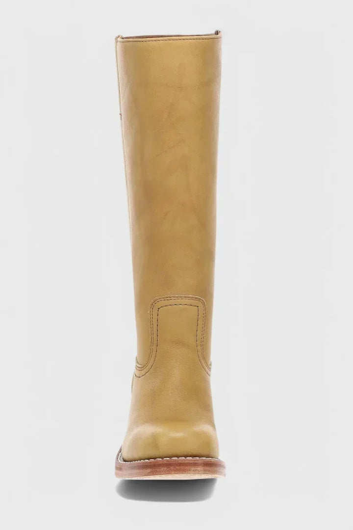 Women's Leather Mid-Calf Western-Style Boots – Stacked-Block Heel