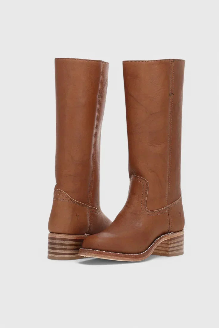 Women's Leather Mid-Calf Western-Style Boots – Stacked-Block Heel