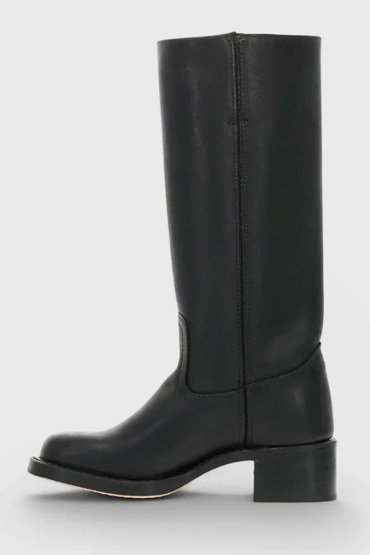 Women's Leather Mid-Calf Western-Style Boots – Stacked-Block Heel