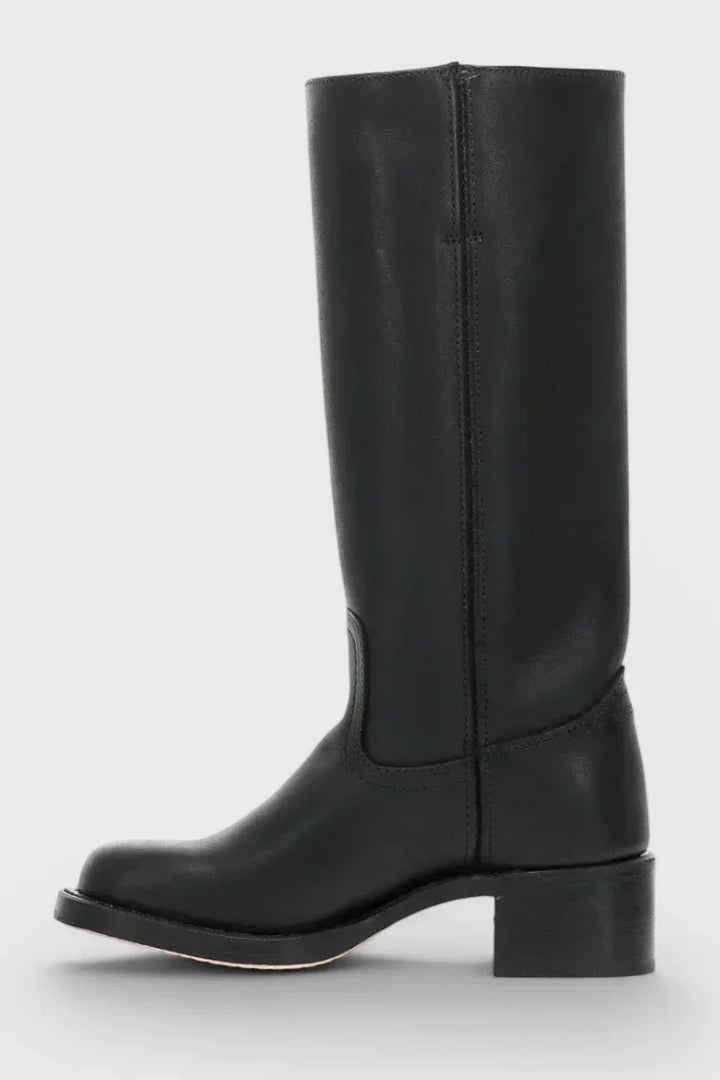 Women's Leather Mid-Calf Western-Style Boots – Stacked-Block Heel