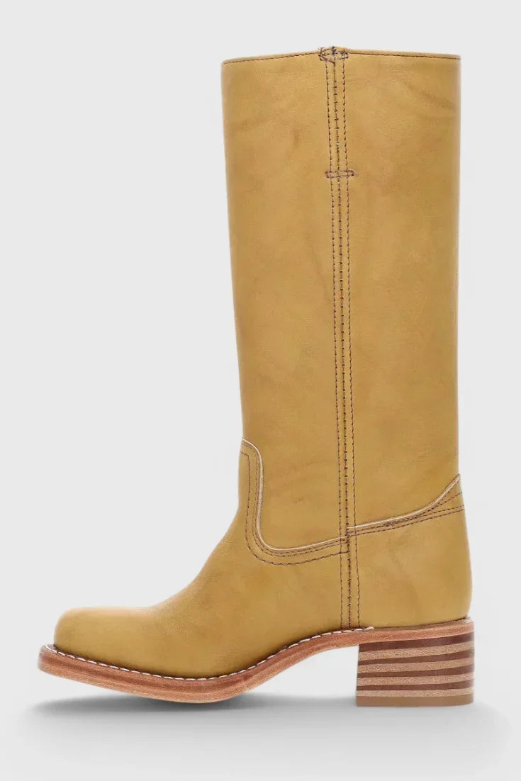 Women's Leather Mid-Calf Western-Style Boots – Stacked-Block Heel