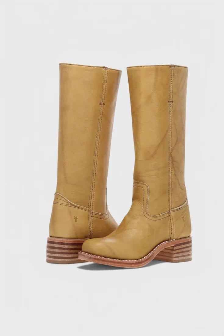 Women's Leather Mid-Calf Western-Style Boots – Stacked-Block Heel