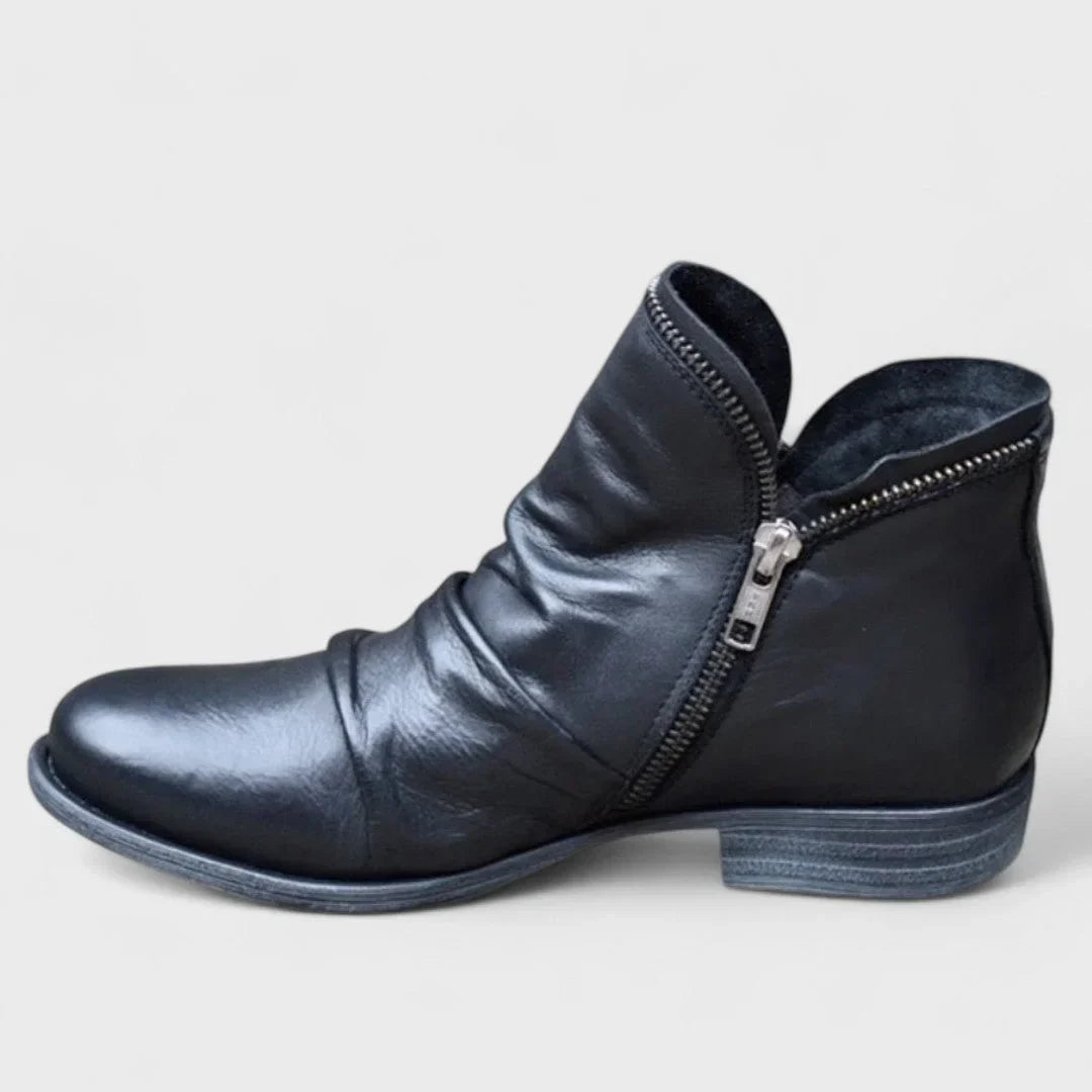 Women's Leather Comfort Ruched Ankle Boots – Side Zipper Closure
