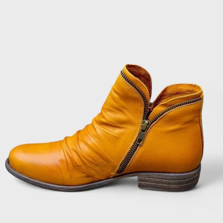 Women's Leather Comfort Ruched Ankle Boots – Side Zipper Closure