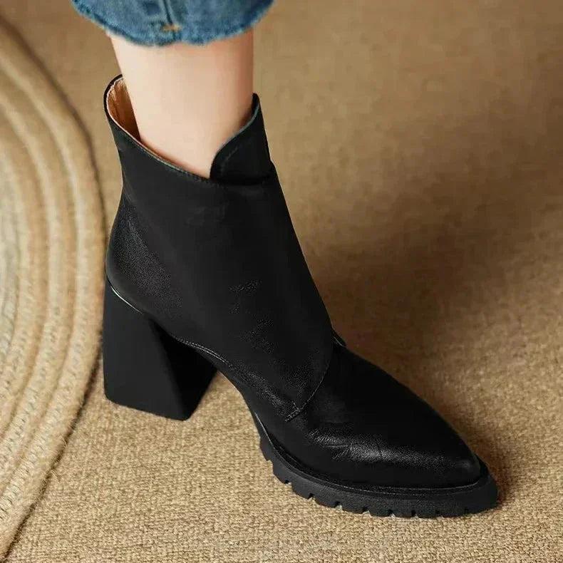 Women's Leather Pointed-Toe Chunky Lug-Sole Ankle Boots – Buckle Detail