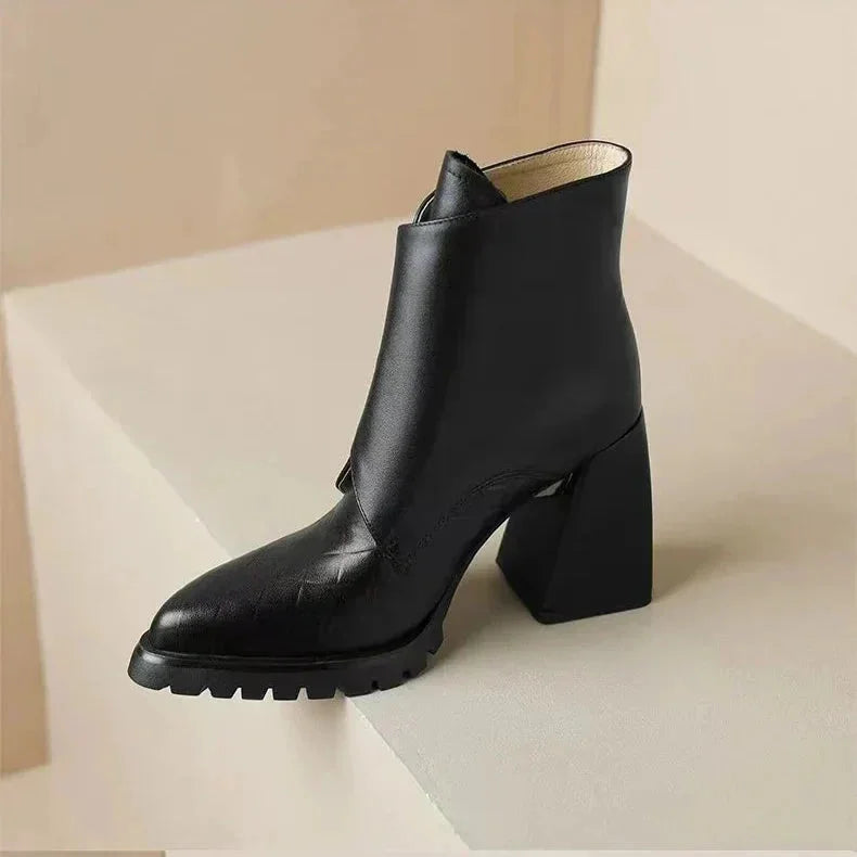 Women's Leather Pointed-Toe Chunky Lug-Sole Ankle Boots – Buckle Detail