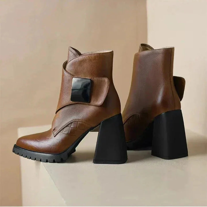 Women's Leather Pointed-Toe Chunky Lug-Sole Ankle Boots – Buckle Detail