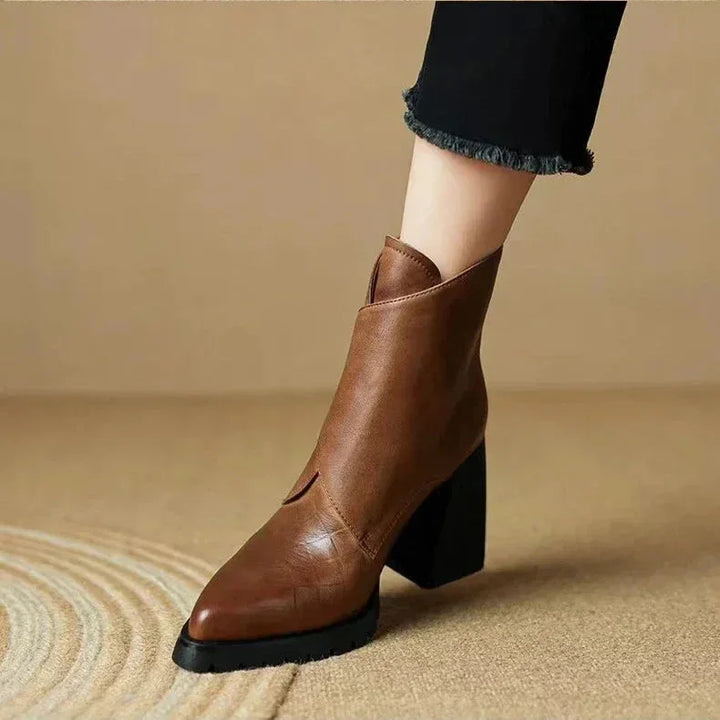 Women's Leather Pointed-Toe Chunky Lug-Sole Ankle Boots – Buckle Detail