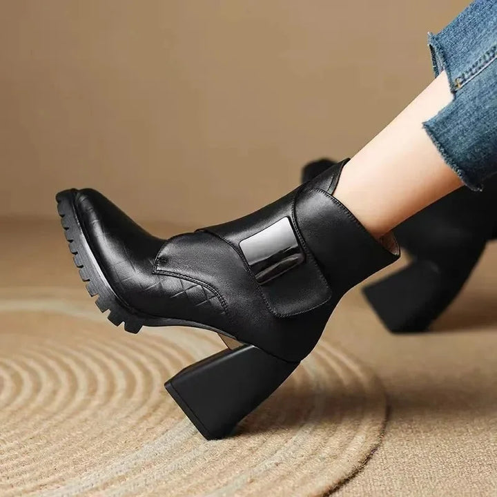 Women's Leather Pointed-Toe Chunky Lug-Sole Ankle Boots – Buckle Detail