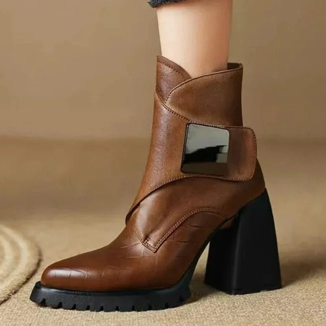Women's Leather Pointed-Toe Chunky Lug-Sole Ankle Boots – Buckle Detail
