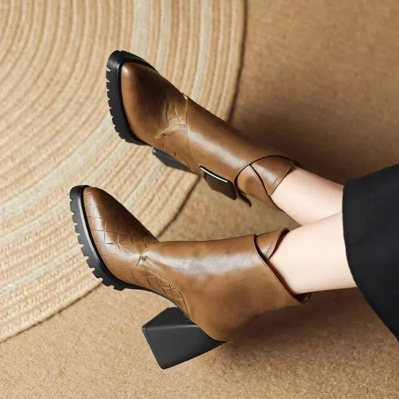 Women's Leather Pointed-Toe Chunky Lug-Sole Ankle Boots – Buckle Detail
