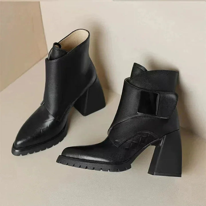 Women's Leather Pointed-Toe Chunky Lug-Sole Ankle Boots – Buckle Detail