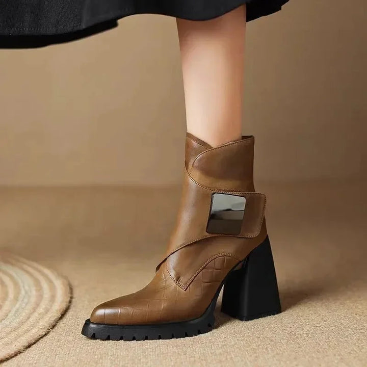 Women's Leather Pointed-Toe Chunky Lug-Sole Ankle Boots – Buckle Detail