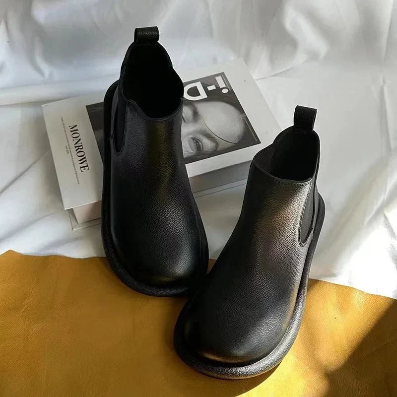 Women's Leather Slip-On Chelsea Ankle Boots – Round Toe