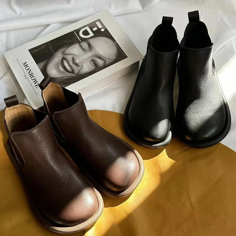 Women's Leather Slip-On Chelsea Ankle Boots – Round Toe
