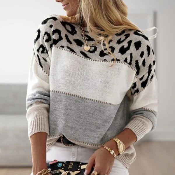 Women's Leopard Print Color-Block Knit Sweater – Ribbed Cuffs