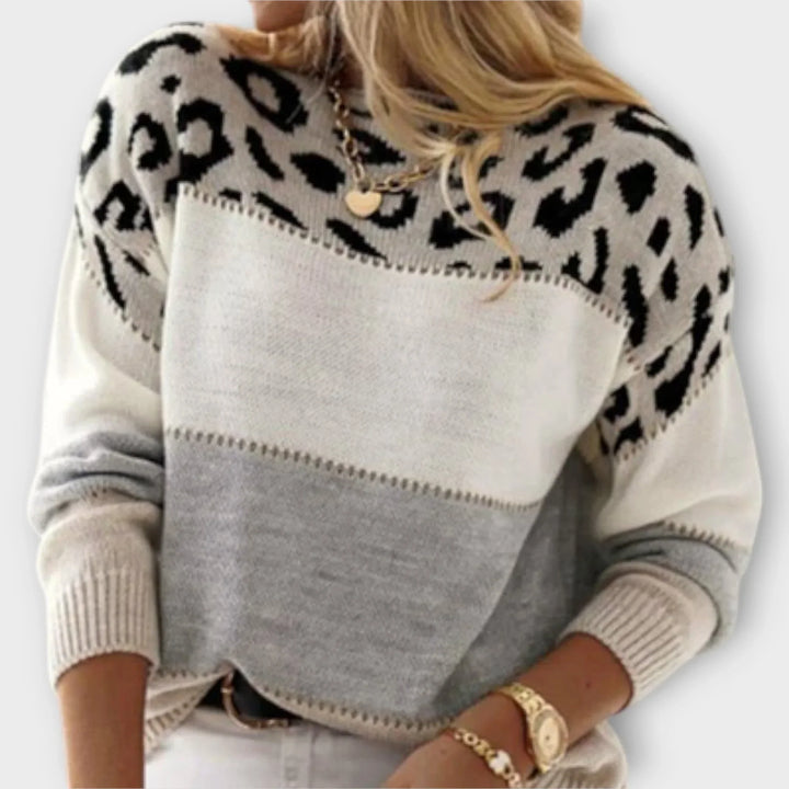 Women's Leopard Print Color-Block Knit Sweater – Round Neck Long Sleeves