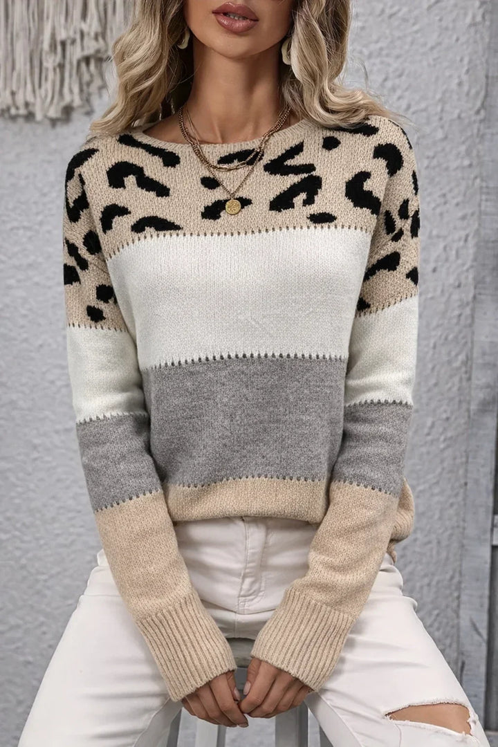 Women's Leopard Print Color-Block Knit Sweater – Round Neck Long Sleeves