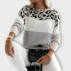 Women's Leopard Print Color-Block Knit Sweater – Round Neck Long Sleeves