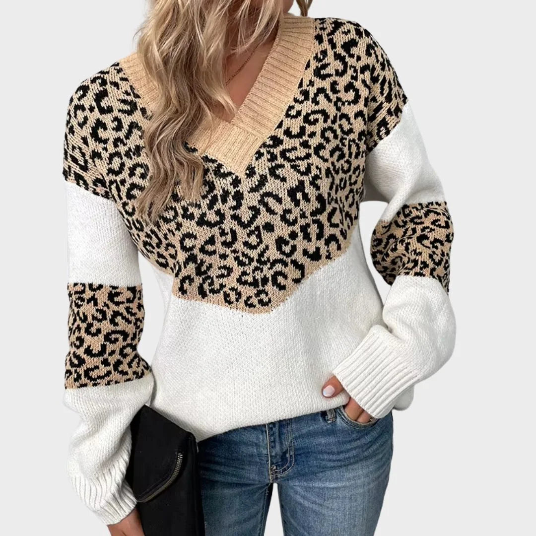 Women's Leopard Print Color-Block Knit Sweater – V-Neck And Long Sleeves