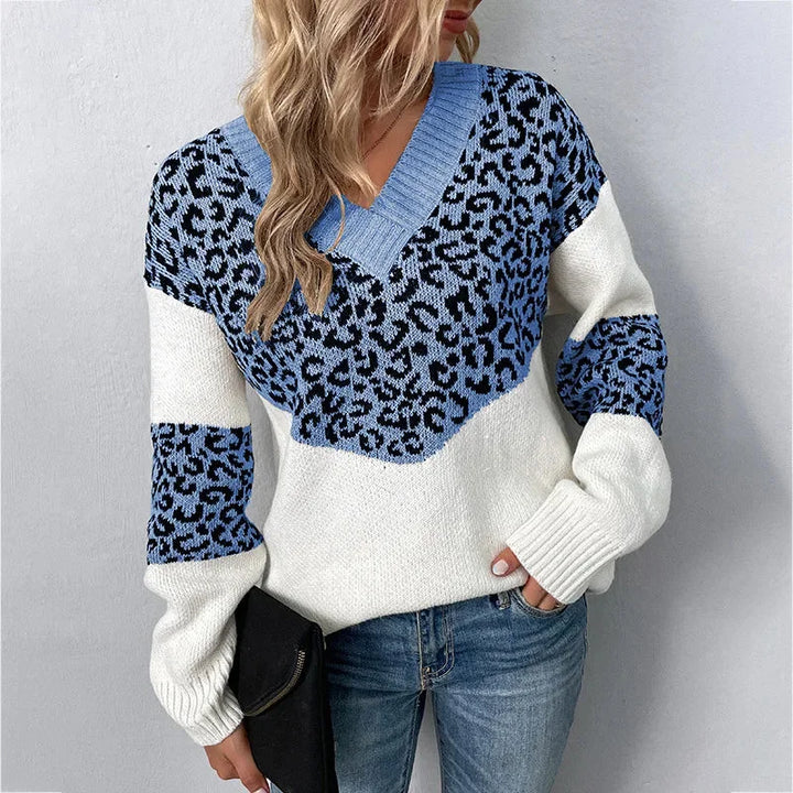 Women's Leopard Print Color-Block Knit Sweater – V-Neck And Long Sleeves