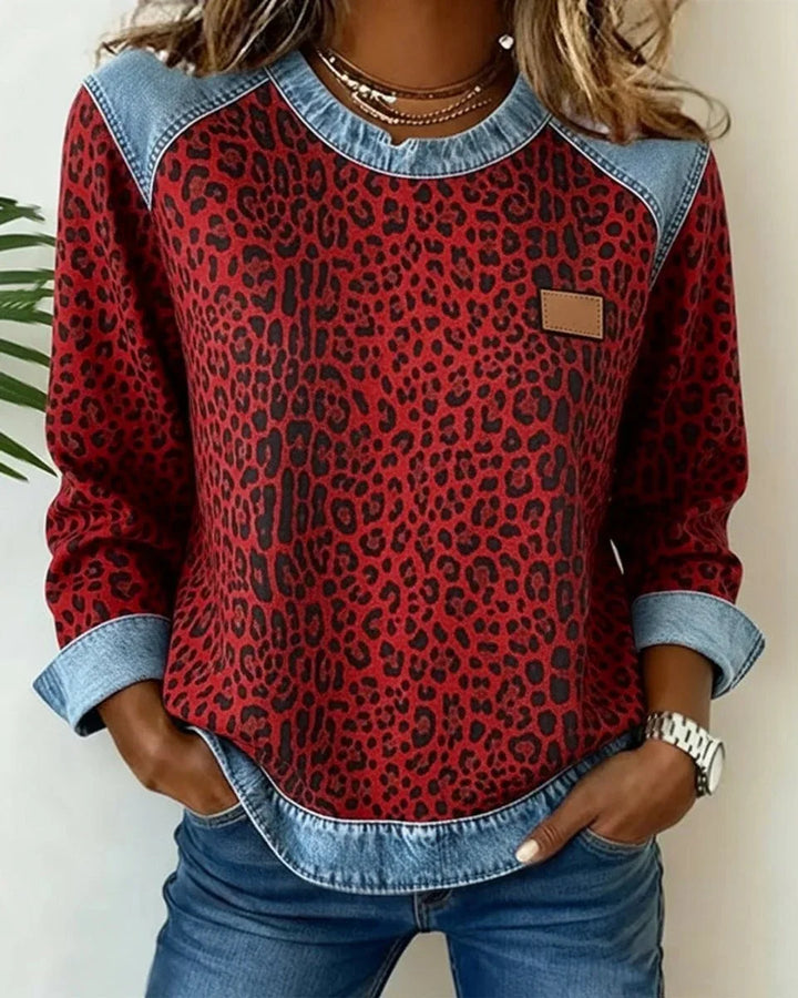 Women's Leopard Print Denim Patchwork Pullover Sweater