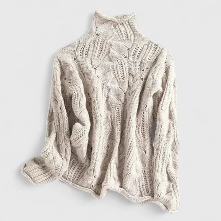 Women's Light Blue Cable Knit Sweater – Turtleneck Long Sleeves Relaxed Fit