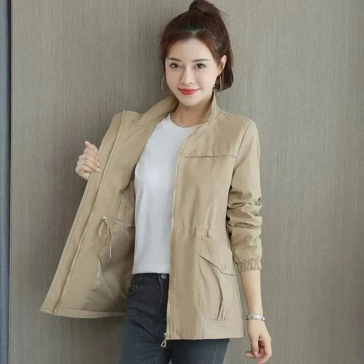 Women's Lightweight Zip-Up Short Bomber Jacket Drawstring Waist