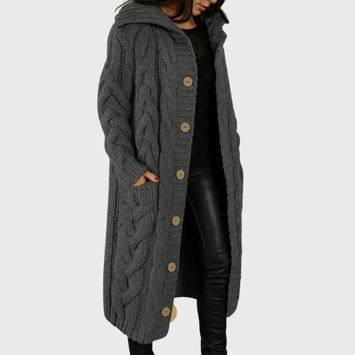 Women's Long Cable-Knit Hooded Cardigan – Button-Front Pockets