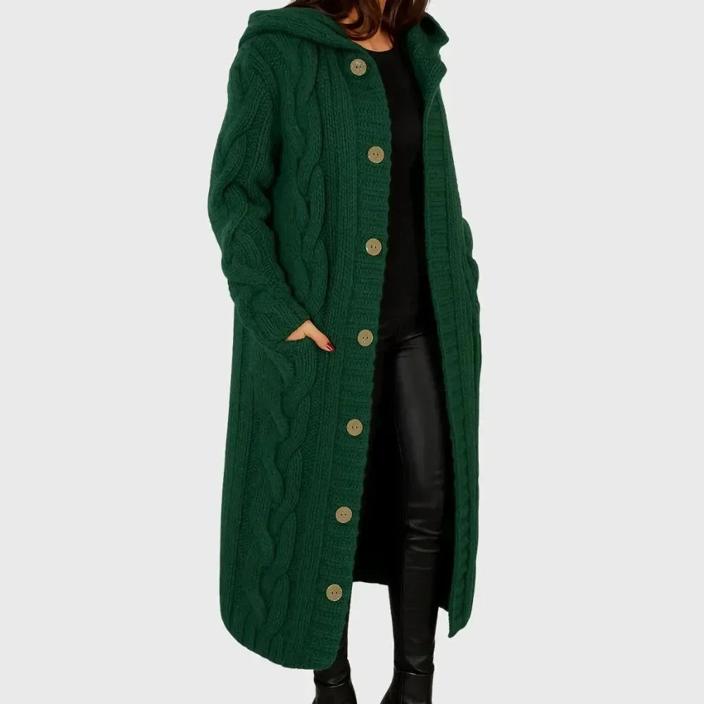 Women's Long Cable-Knit Hooded Cardigan – Button-Front Pockets