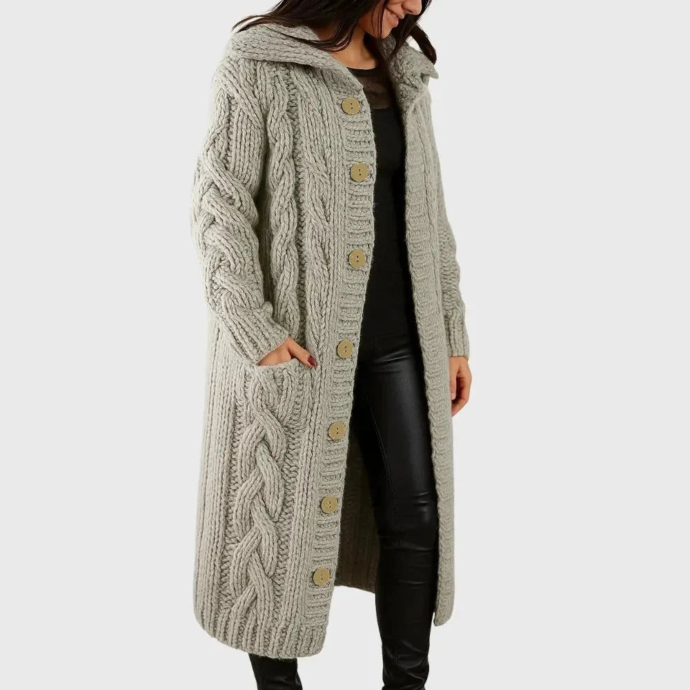 Women's Long Cable-Knit Hooded Cardigan – Button-Front Pockets