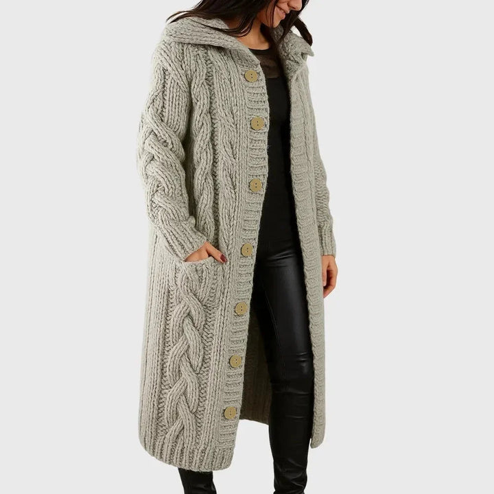 Women's Long Cable-Knit Hooded Cardigan – Button-Front Pockets