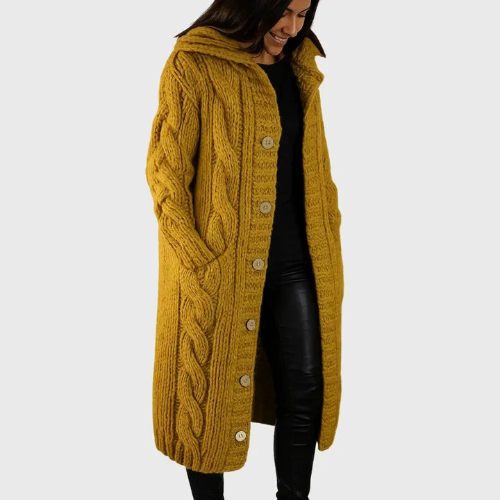 Women's Long Cable-Knit Hooded Cardigan – Button-Front Pockets