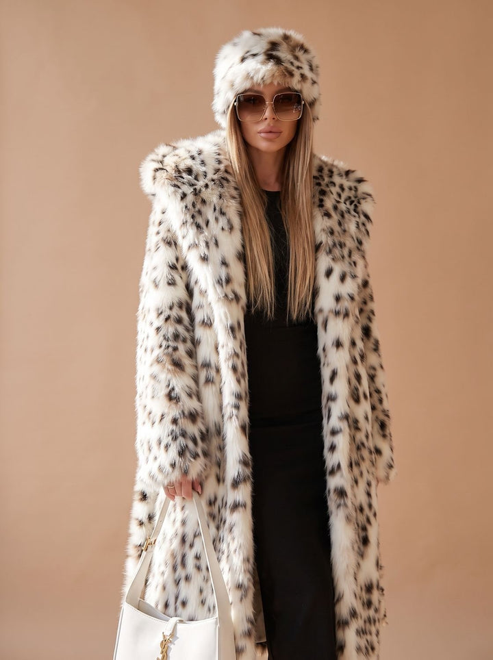 Women's Coat – Long Faux Fur Leopard Print Belted Over